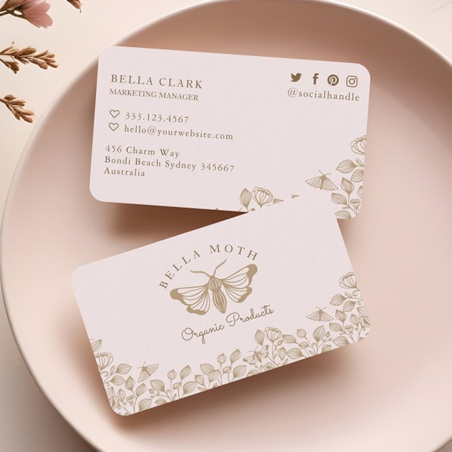 Elegantes und schicke Rosa & Gold Florals & Moth L Visitenkarte (Elegant & Chic Pink & Gold Florals & Moth Logo Business Card)