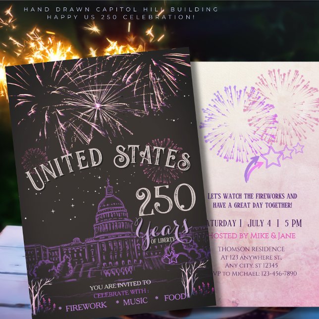 Elegantes US 250 Jahre Feuerwerk Lila Capitol Hill Einladung (Elegant US 250 Years Firework Purple Capitol Hill Invitation)