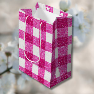 Elegantes Valentins-Pink-Glitter-Tartan auf Weiß Mittlere Geschenktüte