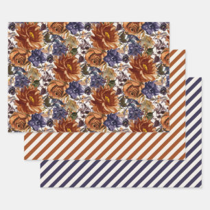 Elegantes verbranntes Orange Navy Blau Herbst Blum Geschenkpapier Set