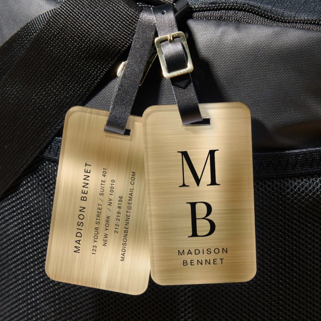 Elegantes vergoldetes Metall mit Monogramm Gepäckanhänger (Elegant Monogrammed Gold Brushed Metallic Luggage Tag)