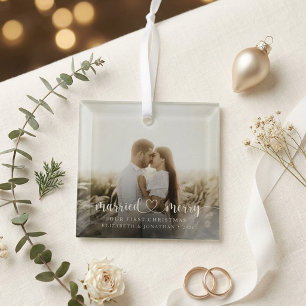 Elegantes Verheiratetes & Fröhliches Skript-Foto Ornament Aus Glas