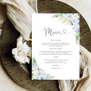 Elegantes verstaubtes blaues Blumenhochzeitsmenü Menükarte