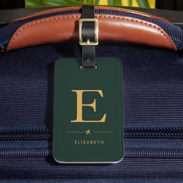 Elegantes vertikales Monogramm Jägergrün & Gold  Gepäckanhänger (Vorderseite Insitu 2)