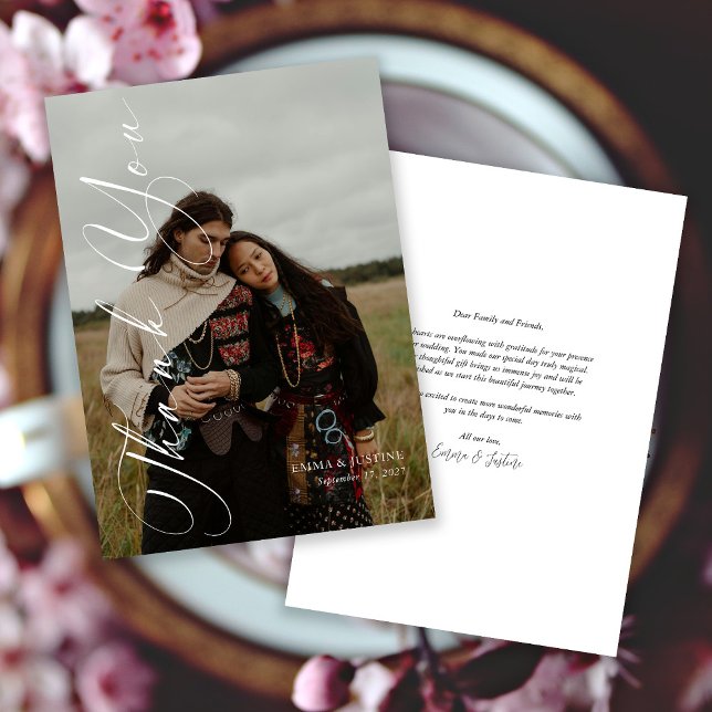 Elegantes vertikales Skript-Foto Hochzeit Dankeskarte (Personalized Elegant Vertical Script Photo Wedding Thank You Card)