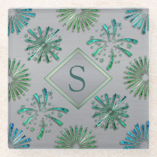 Elegantes, verziertes blau-grünes Muster Monogramm Glasuntersetzer