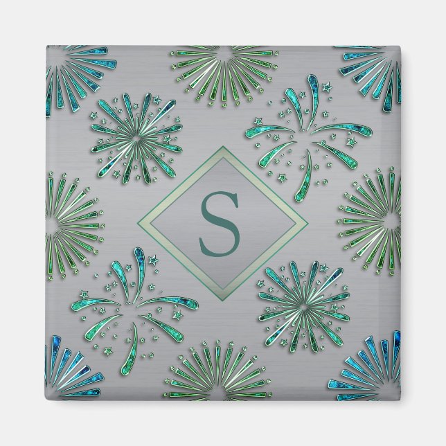 Elegantes, verziertes blau-grünes Muster Monogramm Magnet (Vorne)