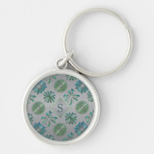Elegantes, verziertes blau-grünes Muster Monogramm Schlüsselanhänger