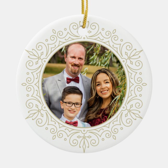 Elegantes Verziertes Frame Holiday Foto Keramik Ornament (Vorne)