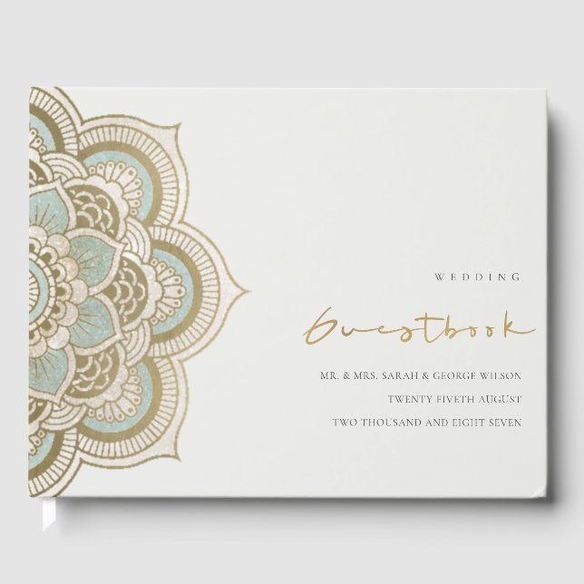 Elegantes Verziertes Gold Aquamarin Mandala Weddin Gästebuch (Vorderseite)