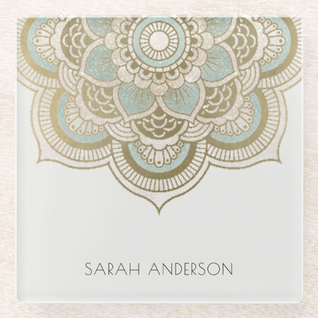 Elegantes Verziertes Golden Foil Aquamarin Türkis  Glasuntersetzer (Vorderseite)