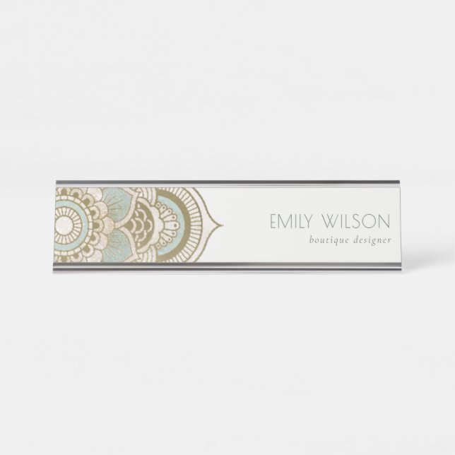 Elegantes Verziertes Golden Foil Aquamarin Türkis  Schreibtischnamensplakette (Vorderseite )