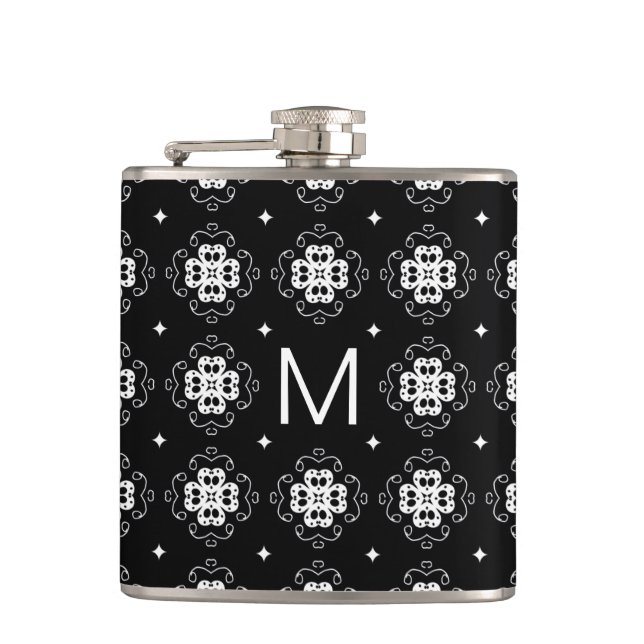 Elegantes, verziertes Schwarz-Weiß-Muster-Monogram Flachmann (Vorderseite)