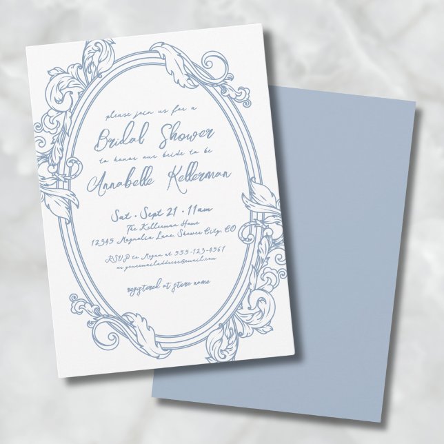 Elegantes Verziertes Vintages Dusty Blue Brautpart Einladung (Elegant Ornate Vintage Dusty Blue Bridal Shower Invitation)
