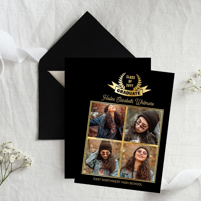 Elegantes Vier-Foto Schwarz | Gold Abschluss Ankündigung (Elegant 4 Photo Collage "Graduate" Laurels High School Graduation Announcement - Black | Gold Tone)
