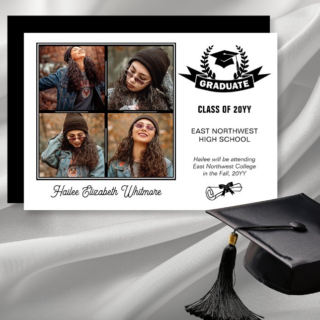 Elegantes Vier-Foto Schwarz | Weißer Abschluss Ankündigung (Elegant Four Photo Black on White Background Graduation Announcement - Print | Digital Download)