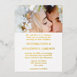 Elegantes Viktorianisches Ball Gold Foto Hochzeit Folieneinladung