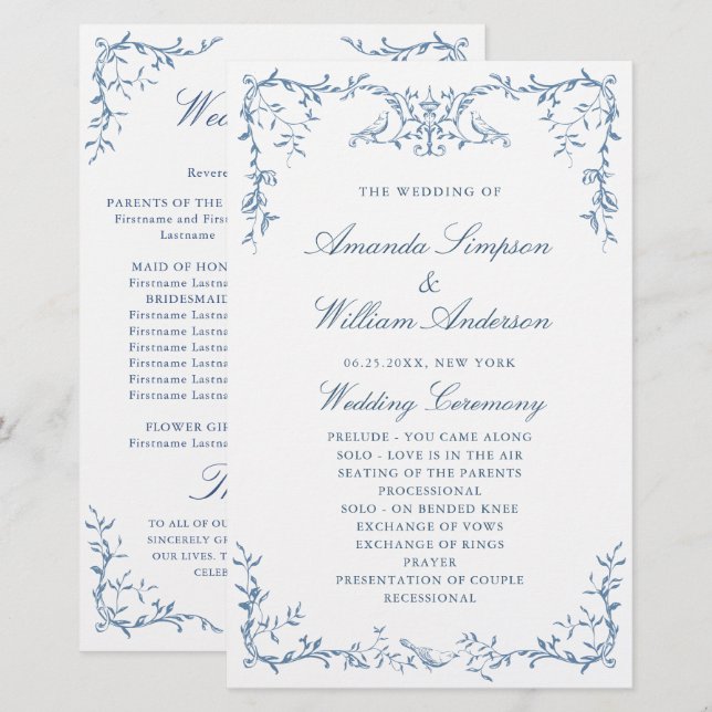 Elegantes Viktorianisches Blue Wedding Programm (Vorne/Hinten)