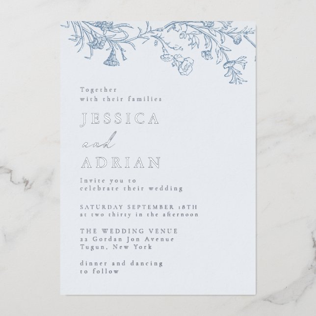 Elegantes Viktorianisches Blue Wedding Silver Folieneinladung (Vorderseite)