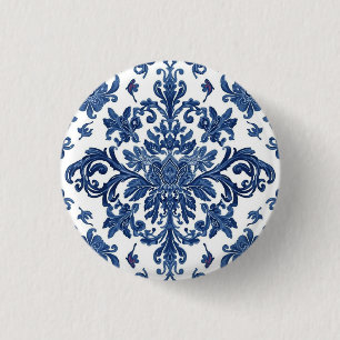Elegantes viktorianisches Damast-Blumenmuster Navy Button