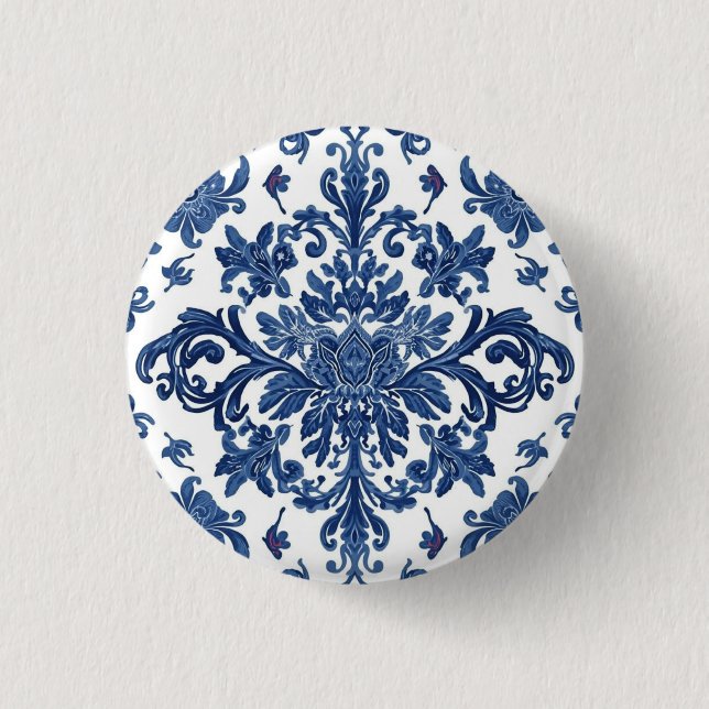 Elegantes viktorianisches Damast-Blumenmuster Navy Button (Vorderseite)