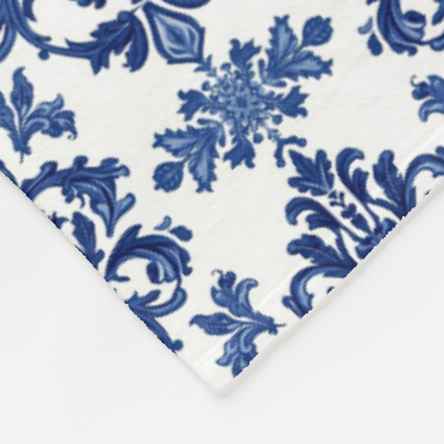 Elegantes viktorianisches Damast-Blumenmuster Navy Fleecedecke (Ecke)