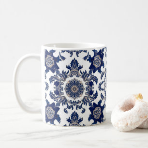 Elegantes viktorianisches Damast-Blumenmuster Navy Kaffeetasse