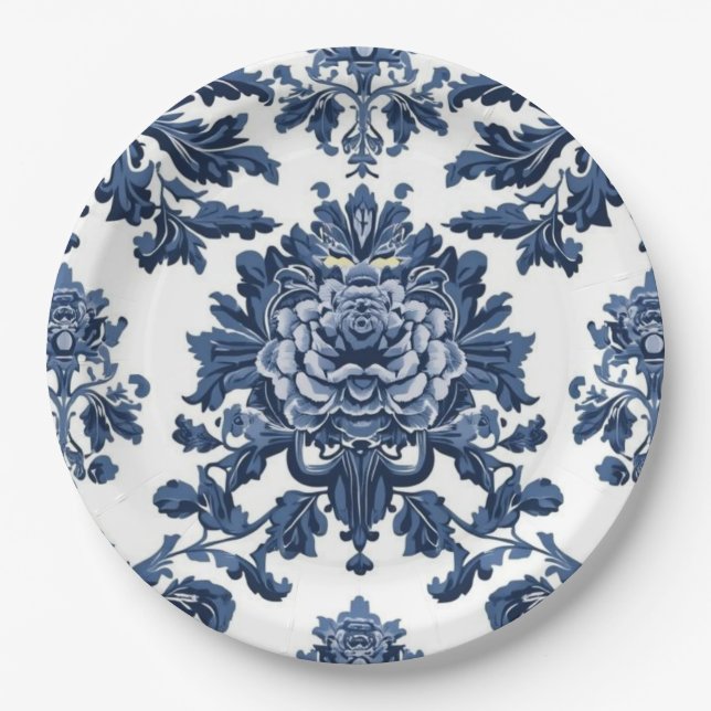 Elegantes viktorianisches Damast-Blumenmuster Navy Pappteller (Vorderseite)