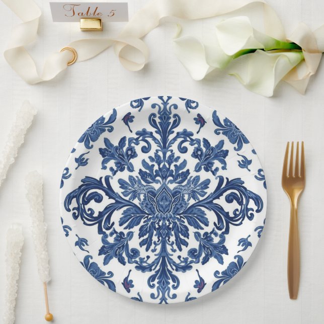Elegantes viktorianisches Damast-Blumenmuster Navy Pappteller (Hochzeit)