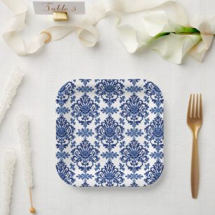 Elegantes viktorianisches Damast-Blumenmuster Navy Pappteller