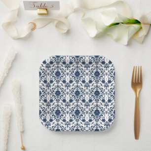 Elegantes viktorianisches Damast-Blumenmuster Navy Pappteller
