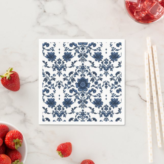 Elegantes viktorianisches Damast-Blumenmuster Navy Serviette (Beispiel)