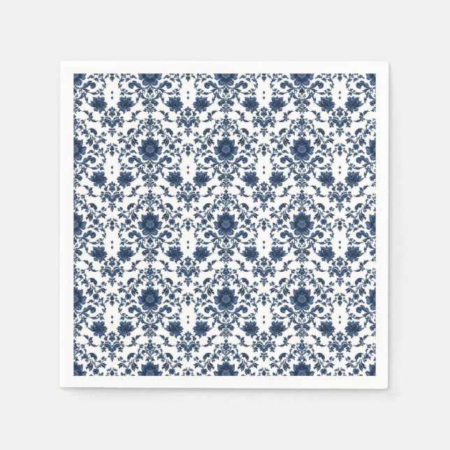 Elegantes viktorianisches Damast-Blumenmuster Navy Serviette (Vorderseite)