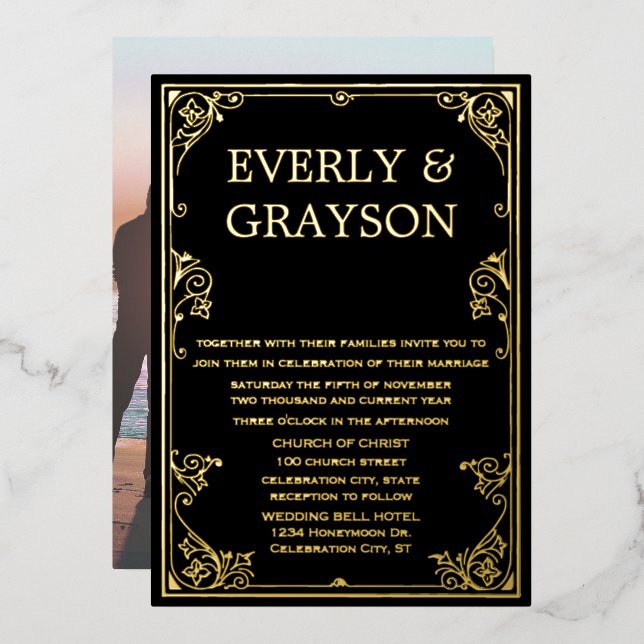 Elegantes Viktorianisches Foto auf Gold Folieneinladung (Vorderseite/Rückseite)