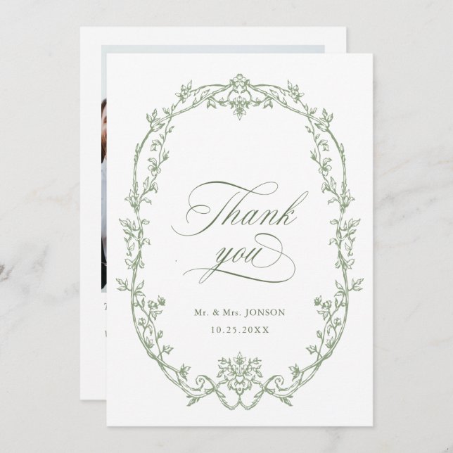Elegantes Viktorianisches Verziert Sage Green Wedd Dankeskarte (Vorne/Hinten)