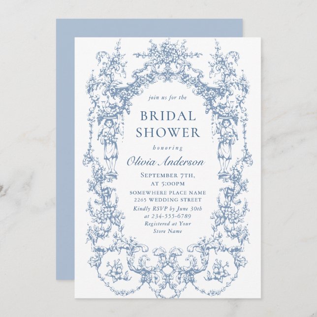 Elegantes Viktorianisches Verziertes Dusty Blue Br Einladung (Vorne/Hinten)