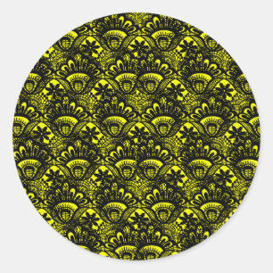 Elegantes Vintag-Gelbschwarz-Damaselenmuster Runder Aufkleber