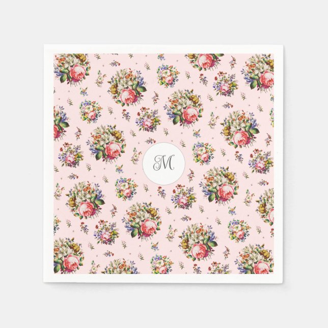 Elegantes Vintag rosa Blumenmuster Monogramm Serviette (Vorderseite)