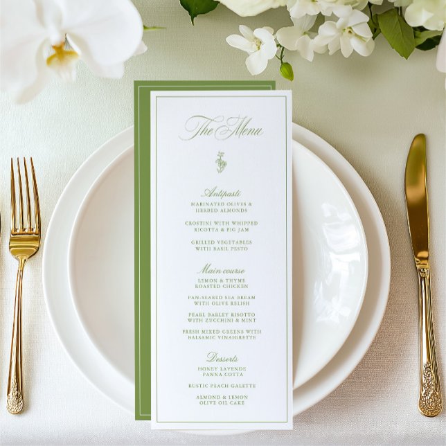 Elegantes Vintag Sage Green Garden Wedding Menu Menükarte (Elegant Vintage Sage Green Garden Wedding Menu)