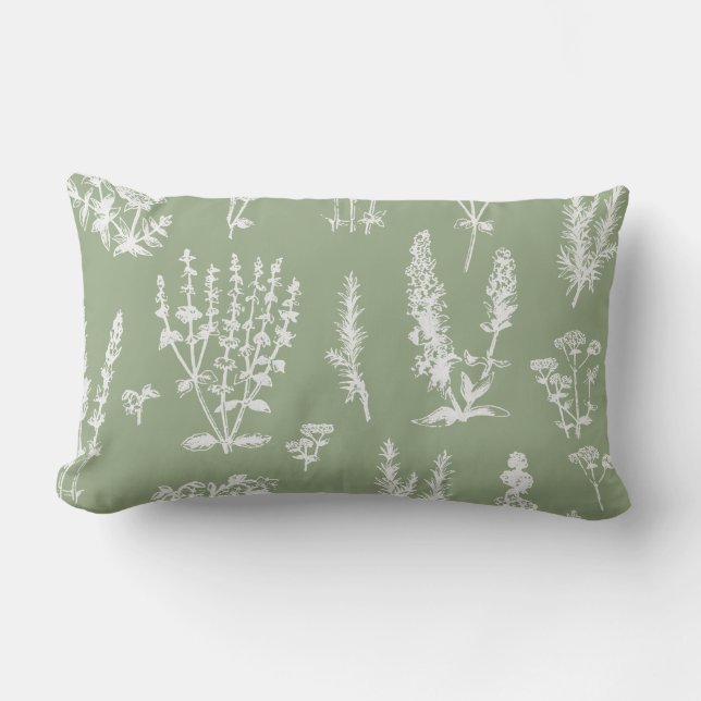 Elegantes Vintag Sage Green Herbal Garden Muster Lendenkissen (Vorderseite)