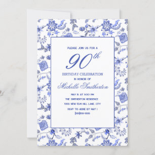 Elegantes Vintage Antik Blau Blumen 90. Einladung