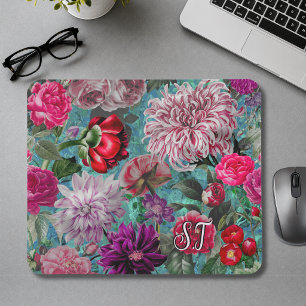 Elegantes Vintage aquablaues florales Monogramm Mousepad