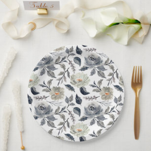 Elegantes, vintage-blau-graues Wasserfarben-Blumen Pappteller