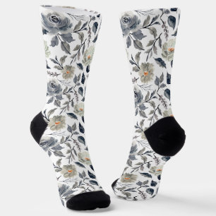Elegantes, vintage-blau-graues Wasserfarben-Blumen Socken