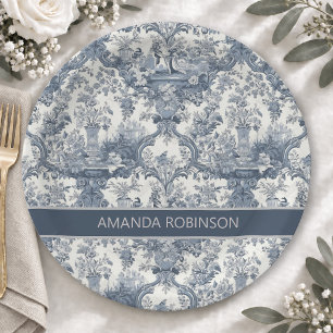 Elegantes Vintage-Blau Toile de Jouy Monogramm Pappteller