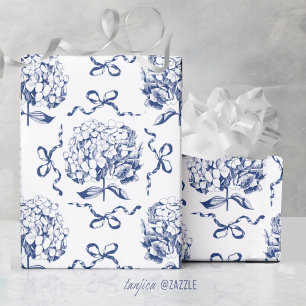 Elegantes Vintage Blau-Weiß-Hortensien-Schleifenmu Geschenkpapier
