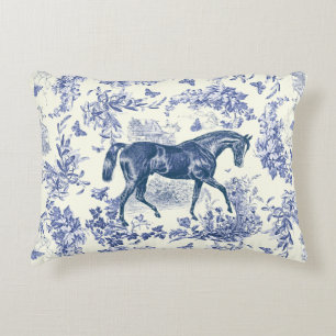 Elegantes Vintage Blau Weiß Pferd Floral Toile Dekokissen
