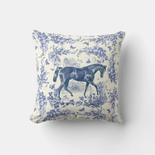 Elegantes Vintage Blau-Weiß-Pferd Floral Toile Kissen