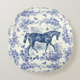 Elegantes Vintage Blau-Weiß-Pferd Floral Toile Rundes Kissen