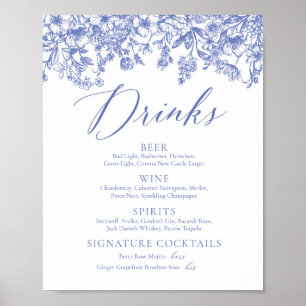 Elegantes Vintage-Blaues-Blumen-Getränke-Menü-Schi Poster